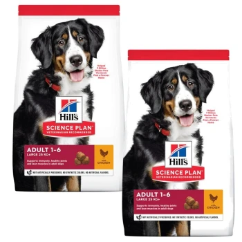 Verpackung für Hill's Science Plan Hundefutter mit einem Berner Sennenhund. Etiketten zeigen "Erwachsene 1-6", "Groß 25 KG+" und "mit Huhn".
