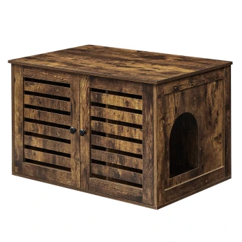 Holz-Hundehütte mit lamellierten Türen und einem seitlichen Eingang, mit rustikalem braunem Finish.