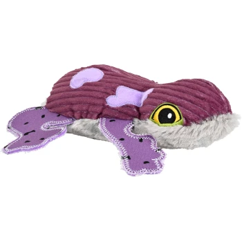 Lila Plüschfroschspielzeug für Haustiere, mit gestickten Augen und strukturiertem Stoff, ideal zum Spielen und Kuscheln.