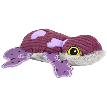 Lila Plüschfroschspielzeug für Haustiere, mit gestickten Augen und strukturiertem Stoff, ideal zum Spielen und Kuscheln.