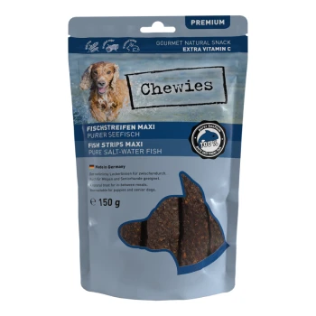 Fleischstreifen Maxi 8x150g Seefisch Ein Paket Chewies Fischstreifen für Hunde, mit einem Hund auf der Vorderseite, beschriftet mit 'Fish Strips Maxi' und 'Pure Salt-Water Fish', 150g.