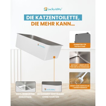 Lucky-Kitty Edelstahl-Katzentoilette mit Logo; deutscher Text 'DIE KATZENTOILETTE, DIE MEHR KANN...' und Produktmerkmale.