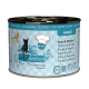 Dose Katzenfutter beschriftet mit "Ragout Huhn & Muschel" mit Huhn und Muscheln, mit einem blau-weißen Design und ohne Zuckerzusatz.
