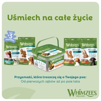 Przysmaki dentystyczne Whimzees dla psów — zielone saszetki i pojemnik z kształtami do żucia; widoczny tekst "Uśmiech na całe życie" oraz logo Whimzees.