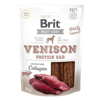 Brit Meaty Jerky Venison Protein Bar dla dorosłych psów, wzbogacony kolagenem, opakowanie 80g, z zdjęciem mięsa z jelenia.