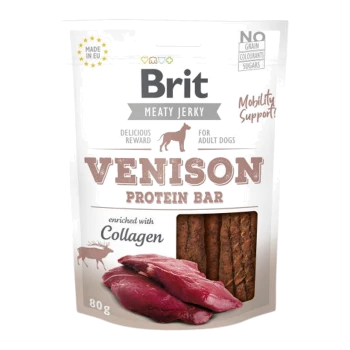 Brit Meaty Jerky Venison Protein Bar dla dorosłych psów, wzbogacony kolagenem, opakowanie 80g, z zdjęciem mięsa z jelenia.
