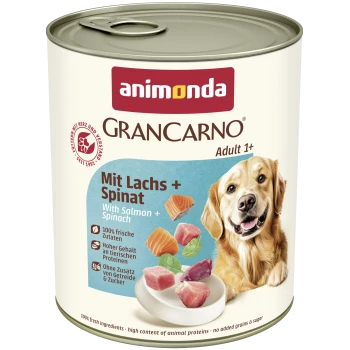 Blik Animonda GranCarno Adult 1+ hondenvoer — Met Zalm + Spinazie, afbeelding van een golden retriever