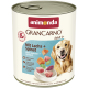 Dose Animonda GranCarno Adult 1+ Hundefutter — Mit Lachs + Spinat (With Salmon + Spinach), Bild eines Golden Retrievers.