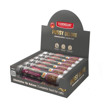 FLEISCHESLUST Pussy Deluxe Katzenmousse-Displaybox – Alleinfuttermittel / Complete feed for cats