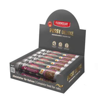 FLEISCHESLUST Pussy Deluxe Katzenmousse-Displaybox – Alleinfuttermittel / Complete feed for cats