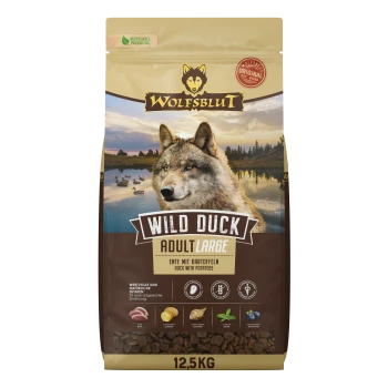Wolfsblut Wild Duck Adult Large Hundefutterbeutel mit Wolfsbild, Ente mit Kartoffeln, 12,5 kg, recycelbare Verpackung.