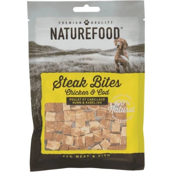 Steak Bites 3x100g Huhn Packung mit Naturefood Steak Bites, die Huhn und Kabeljau enthalten, als getreidefrei und 100% natürlich gekennzeichnet, mit 93% Fleisch und Fisch.