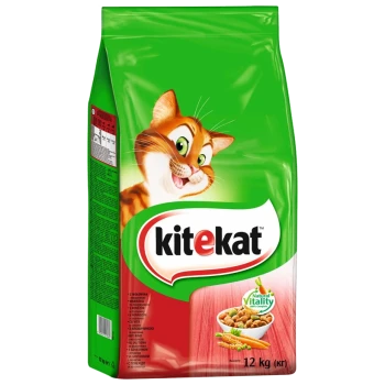 Kitekat Katzenfutterbeutel, 12 kg, mit einer lächelnden orangefarbenen Tabby-Katze auf grünem Hintergrund, mit dem Etikett 'Natürliche Vitalität' und aufgelisteten Zutaten.