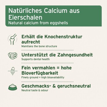 Etikett: Natürliches Calcium aus Eierschalen: erhält die Knochenstruktur, unterstützt die Zahngesundheit, hohe Bioverfügbarkeit, neutraler Geschmack.