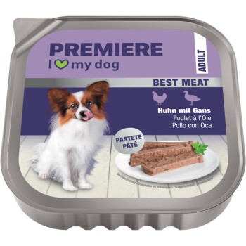 Premiere "I ♥ my dog" adult pâté tray with Papillon dog; "Best Meat" and "Huhn mit Gans"
