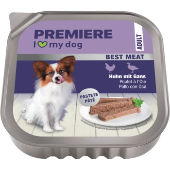 Premiere "I ♥ my dog" adult pâté tray with Papillon dog; "Best Meat" and "Huhn mit Gans"