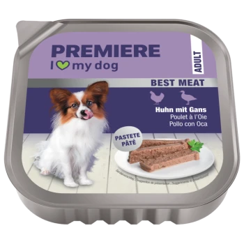 Premiere "I ♥ my dog" adult pâté tray with Papillon dog; "Best Meat" and "Huhn mit Gans"