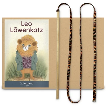 Illustration eines Löwencharakters namens Leo Löwenkatz, der einen grünen Mantel trägt, mit einem Holzstock und einem gestreiften Spielzeug daneben.