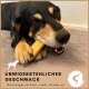Ein schwarz-brauner Hund kaut auf einem gelben Knochen, mit dem Text "UNWIDERSTEHLICHER GESCHMACK" und "Rauchiges Aroma, zieht Hunde an" darunter.