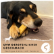 Ein schwarz-brauner Hund kaut auf einem gelben Knochen, mit dem Text "UNWIDERSTEHLICHER GESCHMACK" und "Rauchiges Aroma, zieht Hunde an" darunter.