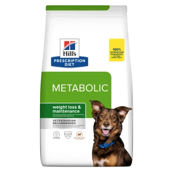 Hill's Prescription Diet Metabolic Hundefutter zur Gewichtsreduktion und -erhaltung, vom Tierarzt empfohlen, mit fröhlichem Hund auf der Verpackung.