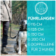 Eine Person, die einen Deutschen Doggen an der Leine in einem Wald führt, mit Text, der die Leinenlängen auflistet: 115 CM, 125 CM, 150 CM, 200 CM, und eine doppelte Leine für 2 Hunde.