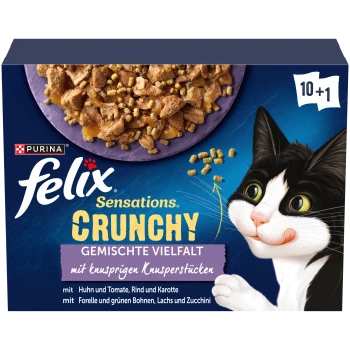 Purina Felix Sensations Crunchy Katzenfutter mit gemischten Geschmacksrichtungen und knusprigen Stücken, mit einer schwarz-weißen Katze, die sich die Lippen leckt.