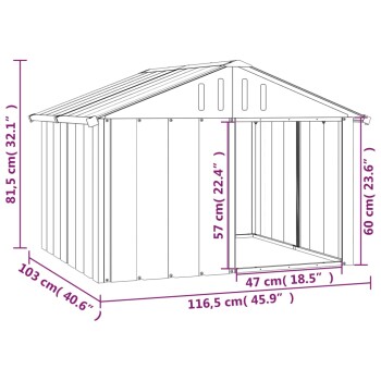 Illustration eines Haustierhauses mit beschrifteten Abmessungen: Höhe 81,5 cm, Breite 103 cm, Tiefe 116,5 cm, mit einem geneigten Dach.