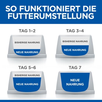 7-Tage-Haustierfutter-Umstellungsinfografik mit Schüsseln, beschriftet TAG 1–2 bis TAG 7, zeigt 'BISHERIGE NAHRUNG' und 'NEUE NAHRUNG'.