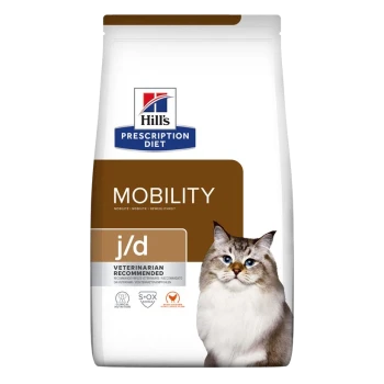 Hill's Prescription Diet Mobility j/d Katzenfutterbeutel mit einer flauschigen Katze auf der Vorderseite, beschriftet mit "Vom Tierarzt empfohlen".