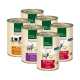 Dosen von Real Nature Tiernahrung mit verschiedenen Geschmacksrichtungen: Rind, Lamm und Wild mit Huhn, beschriftet mit "Original" und "Adult."