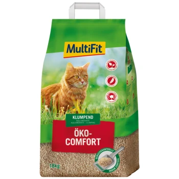 Eine Tüte MultiFit Öko-Comfort Katzenstreu, 18 kg, mit einer flauschigen orangefarbenen Katze auf einem grasigen Hintergrund, mit den Etiketten 'Klumpend' und 'Geruchskontrolle'.
