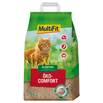 A bag of MultiFit Öko-Comfort cat litter, 18kg, featuring a fluffy orange cat on a grassy background, with "Klumpend" and "Odour Control" labels.
