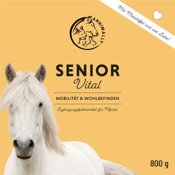 Gesicht eines weißen Pferdes auf gelbem Hintergrund, beschriftet mit "SENIOR Vital" für die Mobilität und das Wohlbefinden von Pferden, 800 g.