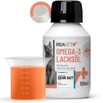 Flasche mit REAVET Omega-3 Lachsöl für Katzen, 100ml, mit einem Messbecher, der eine orange Flüssigkeit zeigt, mit einem Katzenbild und dem "Sehr Gut"-Auszeichnungsetikett.