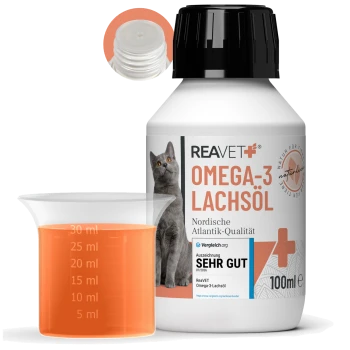 Flasche mit REAVET Omega-3 Lachsöl für Katzen, 100ml, mit einem Messbecher, der eine orange Flüssigkeit zeigt, mit einem Katzenbild und dem "Sehr Gut"-Auszeichnungsetikett.