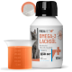 Flasche mit REAVET Omega-3 Lachsöl für Katzen, 100ml, mit einem Messbecher, der eine orange Flüssigkeit zeigt, mit einem Katzenbild und dem "Sehr Gut"-Auszeichnungsetikett.