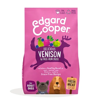 Tasty Venison & Free Range Duck Adult 2.5 kg Edgard Cooper dog food bag featuring "Delicious Venison & Free-Run Duck" with illustrations of fruits and a deer, labeled grain-free recipe.