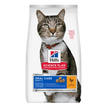 Hill's Science Plan cat food bag featuring tabby cat, 'Oral Care Adult 1+', 'Veterinarian Recommended', 'with Chicken'
