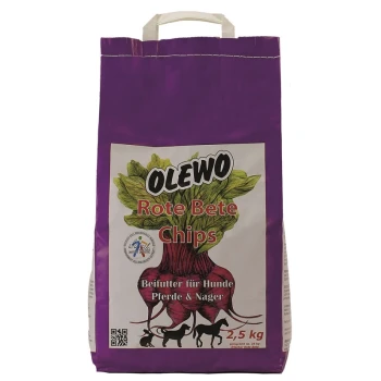 Czipsy z czerwonych buraków 2,5kg Fioletowa torba Olewo Rote Bete Chips, 2,5 kg suplementu karmy dla psów, koni i małych zwierząt, z grafiką buraka.
