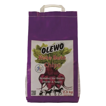 Lila Tasche mit Olewo Rote Bete Chips, ein 2,5 kg Haustierfutterzusatz für Hunde, Pferde und kleine Tiere, mit einer Grafik von Rote Bete.