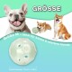 Tierwerbung: transluzente 15 cm Hundespielzeug-Kugel mit lächelnden Hunden; sichtbarer Text: 'Größe M', 'Durchmesser: 15 cm / 5,9 in'.