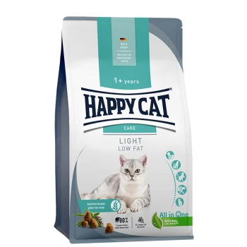 Happy Cat Care Light Low Fat Katzenfutterbeutel mit einer grauen Katze auf der Vorderseite, mit Text, der das glutenfreie Rezept und natürliche Zutaten hervorhebt.