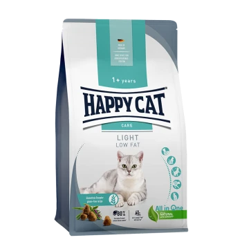 Happy Cat Care Light Low Fat Katzenfutterbeutel mit einer grauen Katze auf der Vorderseite, mit Text, der das glutenfreie Rezept und natürliche Zutaten hervorhebt.