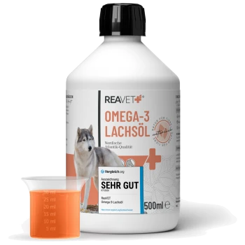 Flasche ReaVET Omega-3 Lachsöl für Hunde, mit einem Husky-Bild, 500ml Größe, und einem Etikett mit der Aufschrift "Auszeichnung SEHR GUT."