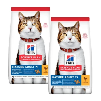 Hill's Science Plan Katzenfutter für reife Erwachsene 7+, mit einer getigerten Katze auf der Verpackung, hebt die Unterstützung für Energie, Immunität und Gesundheit hervor.