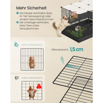 Mehr Sicherheit — Draht-Kleintierkäfig mit einer Katze, die hineinreicht, und Meerschweinchen; hervorgehoben: Gitterabstand: 1,5 cm und „Kleiner“ vs. „Großer Gitterabstand“.