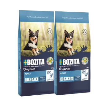 Deux sacs de nourriture pour chiens Bozita, étiquetés "Original" et "Adult," présentant un chien noir et marron sur une bûche, avec des détails nutritionnels et un poids de 12 kg.