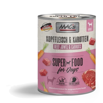 Dose MAC's Super Food für Hunde, Geschmack Rinderbacke & Karotten, getreidefrei, hoher Fleischanteil, hergestellt in Deutschland, für erwachsene Hunde.