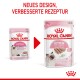 Royal Canin Kittenfutterverpackung mit neuem Design und verbesserter Rezeptur, mit dem Text 'NEUES DESIGN, VERBESSERTE REZEPTUR' und 'Bis zu 12 Monate.'
